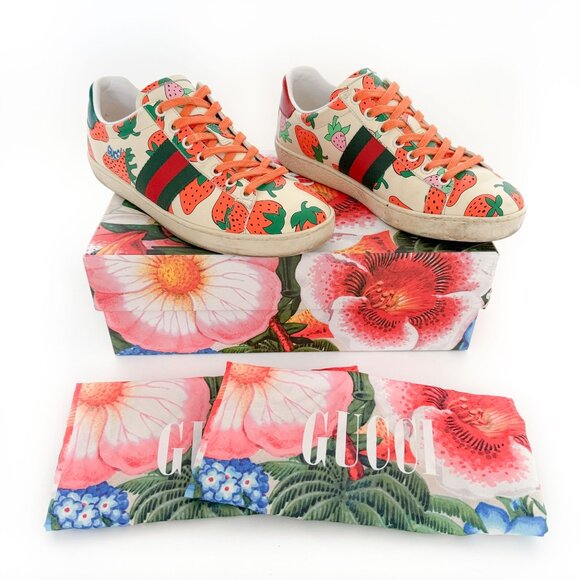 Gucci Cream and Orange Strawberry Sneakers - Picture 1 of 13
